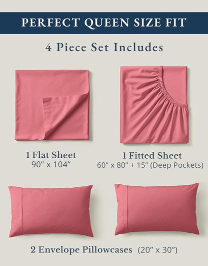 LANE LINEN 100% Organic Cotton Queen Sized Sheets, Fuly Elasticized Mercerized Low Pill Fade Resistant Percale Weave Bedsheets for Queen Size Bed, Soft and Comfy Sheet & Pillowcase Sets - Mineral Red
