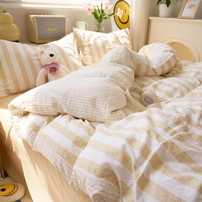 EAVD Beige Striped Duvet Cover King Soft Washed Microfiber Striped Reversible Bedding Set with 2 Pillowcases Modern Farmhouse Geometric Pattern Duvet Cover with Zipper Closure