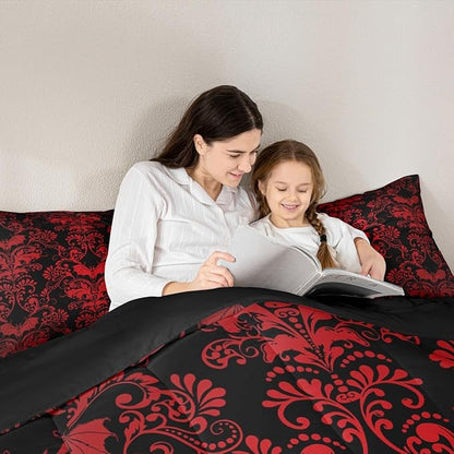 Erosebridal Gothic Damask Bed in a Bag King Size Comforter Set 7 Pieces,Halloween Bat Bedding Sets Red Black Victorian Floral Goth Sheet Set with Comforter