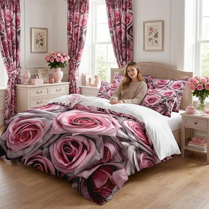 Pink Floral Comforter Set Queen Size for Women, Light Pink Rose Mirofiber Bedding Set for Victorian Romantic Bedroom Decor - 3Pieces 1 Comforter(90 * 90) & 2 Pillowcases
