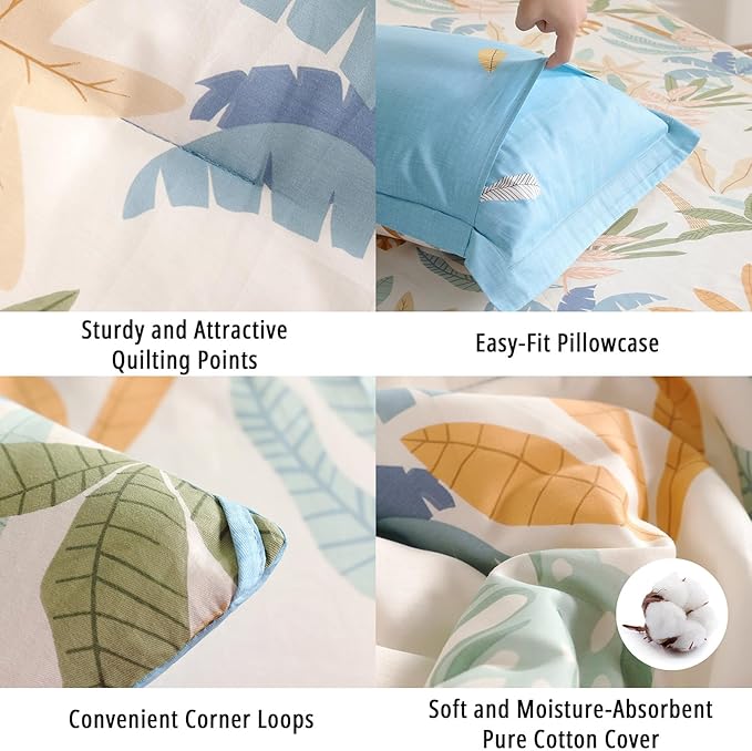 Tropical Coastal Blue Cotton Comforter King Size 3Pcs - Bright Orange, Olive Green & Beige Palm and Leaf Patterns, Botanical Lightweight Reversible Bedding Sets with Soft Fill(104"×90")