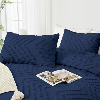 Andency Navy Blue Comforter Set Queen Size, Boho Soft Warm Tufted Bedding Comforter Sets for Queen Size Bed, 3 Pieces Aesthetic Chevron Farmhouse Cute Bohemian Textured Bed Set