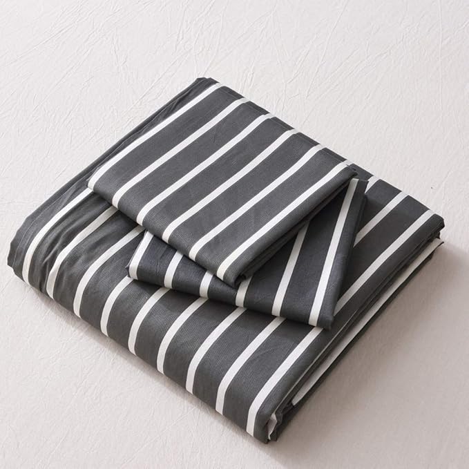JELLYMONI 100% Natural Cotton 3pcs Striped Duvet Cover Sets, Dark Grey Duvet Cover with White Stripes Pattern Printed Comforter Cover, with Zipper Closure & Corner Ties(Full Size)