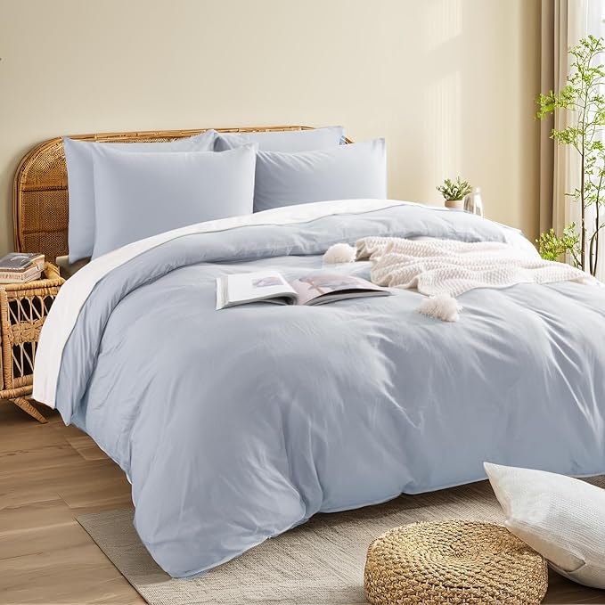 NEXHOME PRO King Duvet Cover Set, 100% Washed Cotton with Linen-Like Texture, Natural Organic, Breathable & Comfortable, Includes Home Bedding Set Cornflower Blue (No Comforter) 10490