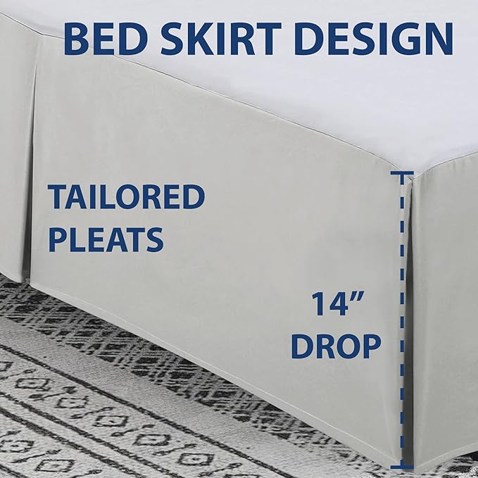 Cathay Home Double Brushed Microfiber Pleated Easy Fit Bed Skirt, Ultra Soft, Fade and Wrinkle Resistant - Light Grey, California King