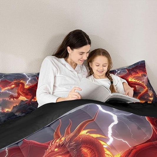 Castle Fairy Dragon Bedding Set for Boys Girls,Red Flame All Season Cozy Comforter Set Full Size,Cool Wild Animals Duvet Set Bedroom Decor,Personalized Birthday Gifts