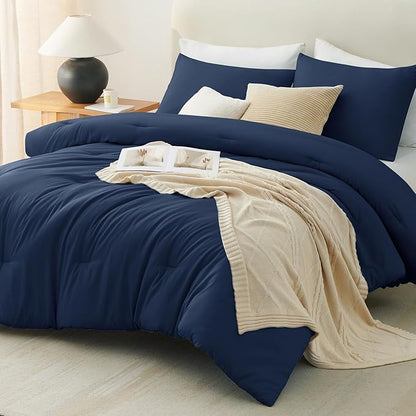 CozyLux Navy Blue Full Size Comforter Set, 3 Pieces Solid Breathable Quilted Style Bedding Sets, Luxury Fluffy Soft Bed Set with Down Alternative Comforter for All Season (1 Comforter & 2 Pillowcases)
