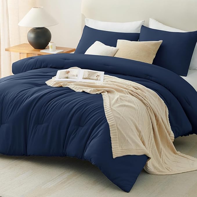 CozyLux Twin/Twin XL Comforter Set Navy Blue, 2 Pieces Twin Extra Long Solid Breathable Bedding Sets for College Dorm, Luxury Soft Bed Set with Down Alternative Comforter and 1 Pillowcase All Seasons