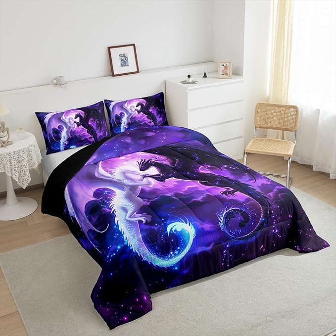 Black White Dragon Comforter Set King Size,Nebula Star Glitter Bedding Set for Kids Teens Couple Adults Room Decor,Western Magical Wildlife Duvet Insert 3Pcs,Animal Purple Quilt Set,2 Pillowcases