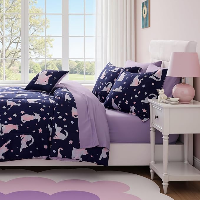 Full Comforter Set for Girls Kids - 7 Pieces Cute Cat Full Size Bedding Sets for Kids, Soft Cozy Bed in A Bag with Sheets