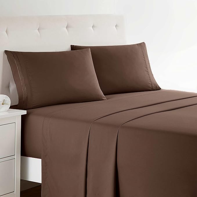 Clara Clark Bed Sheets, Premier 1800 Series 4 Piece Bed Sheet Set, Deep Pocket, Wrinkle, Fade, Stain Resistant, Luxury Soft Bedding Sheets & Pillowcases, Split King, Chocolate Brown
