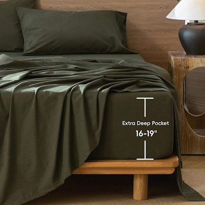 MooMee Fitted Bottom Sheet Only 100% Washed Cotton Linen Like Textured Breathable Durable Soft Comfy Deep Pocket Fits Mattress up to 17" (Olive Green, California King)