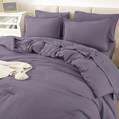Litanika Full Size Comforter Sets Grey Purple - 7 Pieces Bed in a Bag Full Bedding Comforter Sets, Solid Lightweight Bed Set with Comforter, Sheets, Pillowcases & Shams