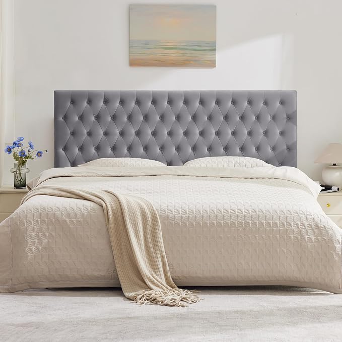 Upholstered Queen Headboard Only, Premium Velvet Button Tufted Headboards, Adjustable Solid Wood Head Board, Padded Headboard with Solid Wood Legs in Bedroom (Gray)