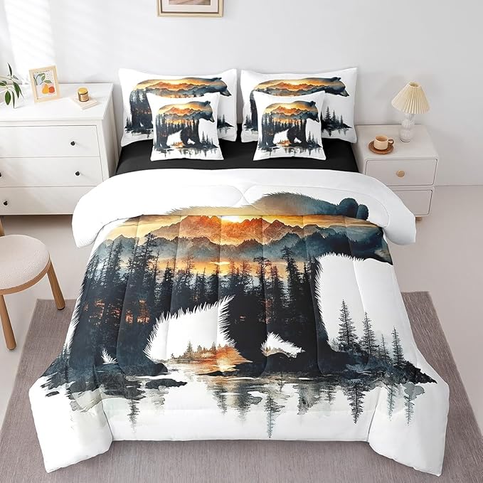 Feelyou Bear Comforter Set 7 Pieces Queen Size Rustic Cabin Country Bedding Set for Boys Girls Nature Wildlife Bed in a Bag with Comforter, Sheets, Pillowcases & Cushion Covers