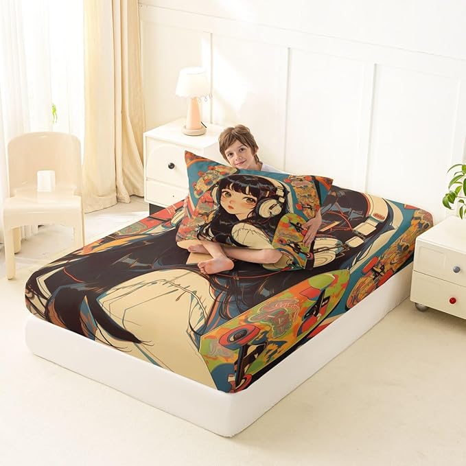 Erosebridal 2Pcs Anime Bedding Set Fashion Street Girls Fitted Sheet 3D Cartoon Printed Comfortable Soft Bed Sheets for Kids Boys Girls Teens Tattoo Watercolor Art Japanese Style Sheets Twin Size