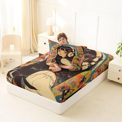 Erosebridal 2Pcs Anime Bedding Set Fashion Street Girls Fitted Sheet 3D Cartoon Printed Comfortable Soft Bed Sheets for Kids Boys Girls Teens Tattoo Watercolor Art Japanese Style Sheets Twin Size