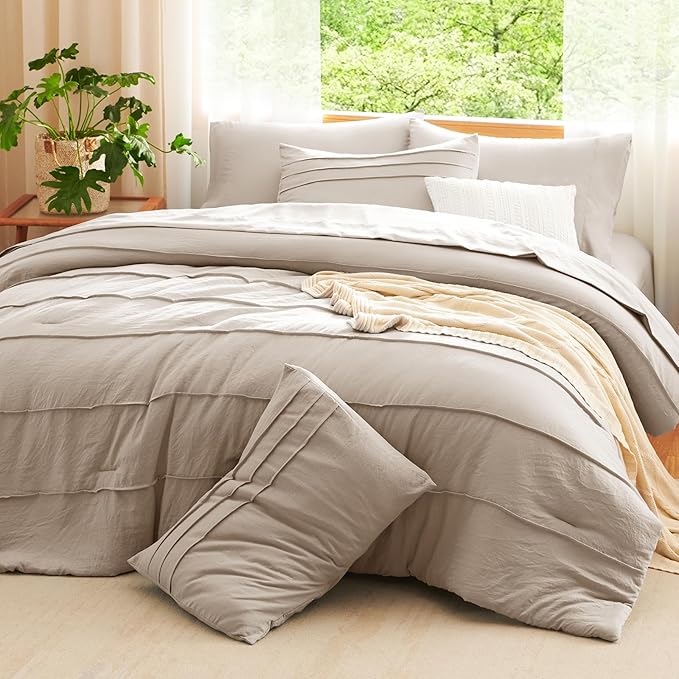 CozyLux Queen Comforter Set Wheat, 7 Pieces Soft Pinch Pleat Bed in a Bag Queen Comforter Set with Sheets, Boho Bed Set with Down Alternative Comforter, Sheets, Pillowcases & Shams
