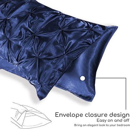 MR&HM Satin Comforter California King 7 Pieces Navy Blue - Luxurious Pinch Pleat Bedding Set with Comforter, Flat Sheet, Fitted Sheet, Pillowcases & Shams, Super Silky Soft Bed Set for All Season