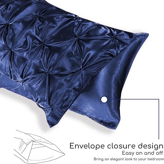 MR&HM Satin Comforter Twin 5 Pieces - Luxurious Pinch Pleat Bedding Set with Comforter, Flat Sheet, Fitted Sheet, Pillowcase & Sham, Super Silky Soft Bed Set for All Season (Twin, Navy Blue)
