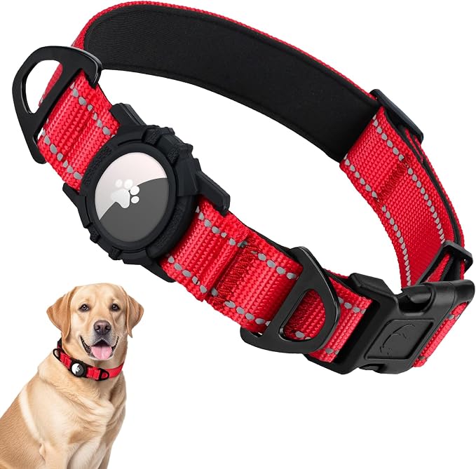 Taglory AirTag Dog Collar with Waterproof Holder for Large Dogs, Red, L | Reflective for Night Walks & Low-Light Safety, Track Your Pup Peace of Mind, Adjustable Soft Padded, No More Dangling Tags