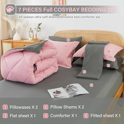 Cosybay Bed in a Bag Queen Comforter Sets 7pcs All Season Solid Down Alternative Bedding Sets Pink and Grey with Comforter, Pillow Shams, Flat Sheet, Fitted Sheet and Pillowcases