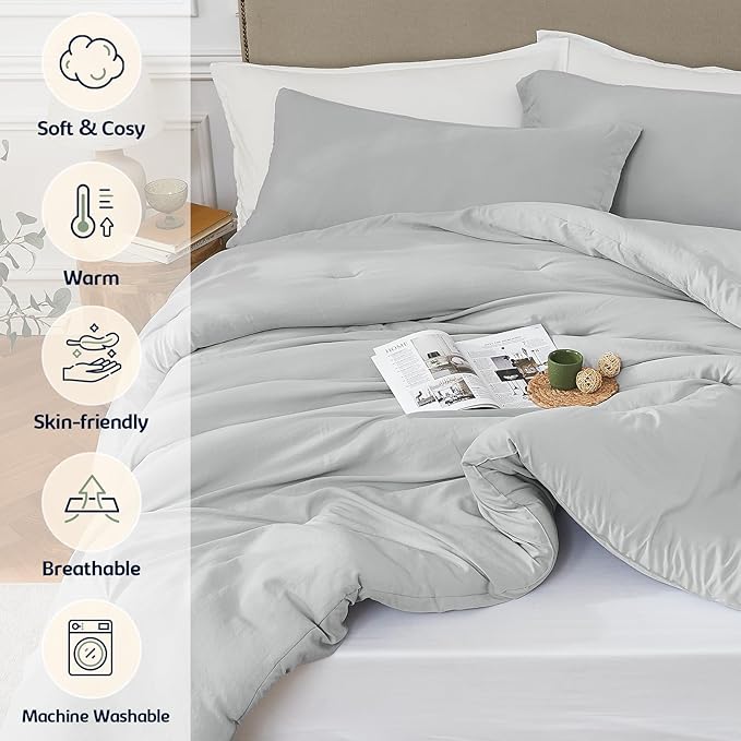 Oversized Queen Comforter Sets Lightgrey,3PCS Soft Lightweight Breathable Bedding Comforter Sets for All Season, Queen XL(98''×98'' Comforter & 2 Pillowcases)
