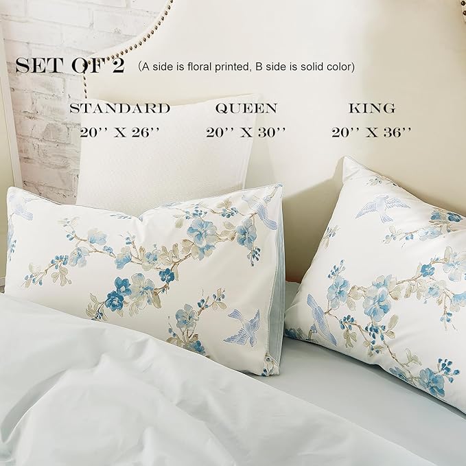 WINLIFE 100% Cotton Pillowcases King Size Blue Floral & Birds Printed Pillow Cover 2 Pack, Super Soft Envelope Closure King Pillow Case Set (King, 20"x36")