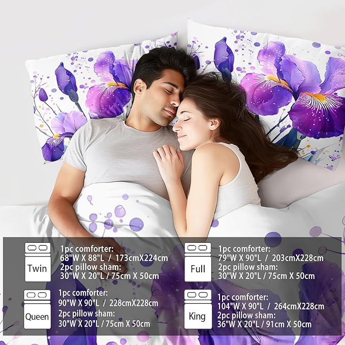 Purple Floral Comforter Set Queen Size Woman,Purple Iris Comforter for Girls,Pink Flower Bedding Set Queen Bedroom Decor,Floral Bedding Quilt Bed Decor Pink for Kids and Adults