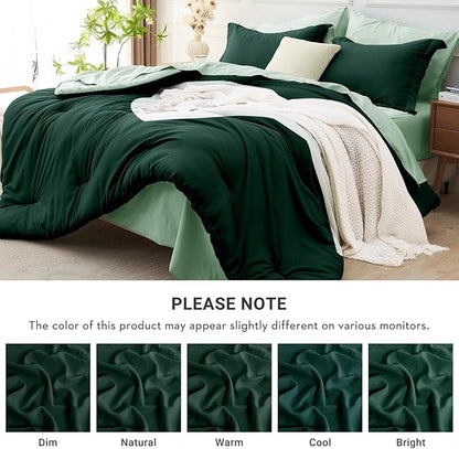 MUXHOMO 7 Pieces Full Comforter Set, Soft Bed in a Bag Full Size, All Season Bedding Set with Comforter, Flat Sheet, Fitted Sheet, Pillowcases & Shams, Forest Green & Sage Green
