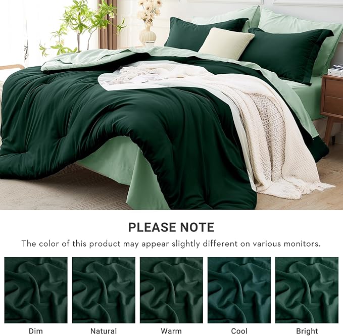 MUXHOMO 7 Pieces Queen Comforter Set, Soft Bed in a Bag Queen Size, All Season Bedding Set with Comforter, Flat Sheet, Fitted Sheet, Pillowcases & Shams, Forest Green & Sage Green