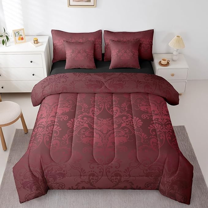 Erosebridal Gothic Damask Bed in a Bag King Size Comforter Set 7 Pieces,Exotic Moth Bedding Sets Red Victorian Floral Goth Sheet Set with Comforter