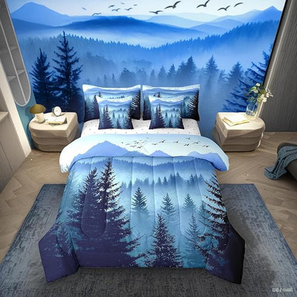 Erosebridal Dark Blue Twin Comforter Set with Sheets Mountain Pine Tree Forest Bedding Sets 7 Piece Rustic Woodland Nature Landscape Bed in A Bag for Kids Boys Teen Men,Soft Lightweight Bed Set