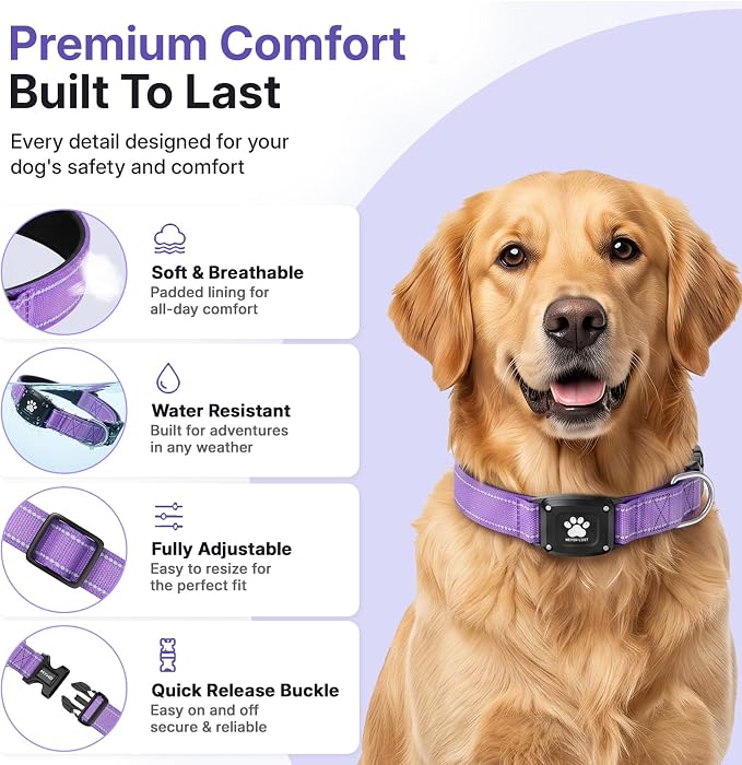 GPS Dog Collar Tracker 2-in-1,Reflective Waterproof Pet Collar,iOS-Only,No Monthly Fees,Unlimited Range,Dog Tracking Collar Pet Tracker,for Small Medium Large Dogs(M (14.5"-19.5"), Purple)