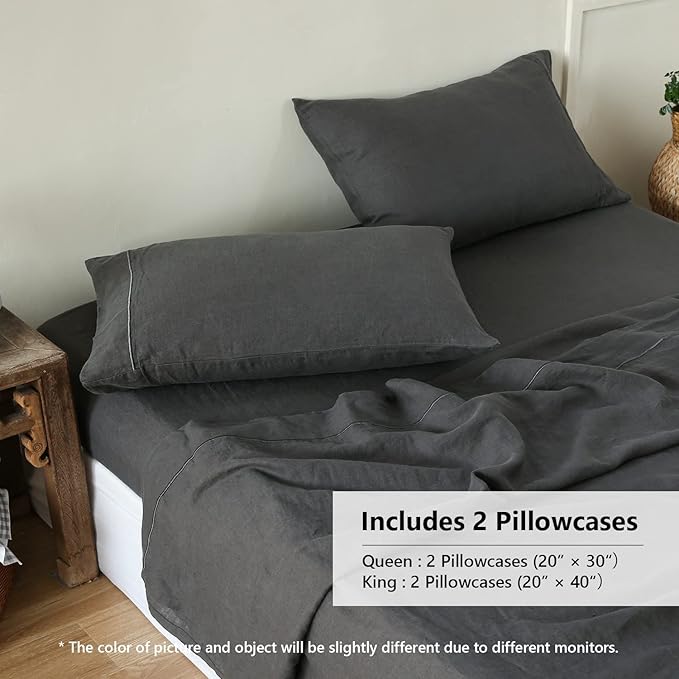 Simple&Opulence 100% French Linen Pillowcase King Size-Set of 2- Washed Solid Color Pillow Cases Embroidered -Soft and Durable (Dark Grey, 20''x40'')