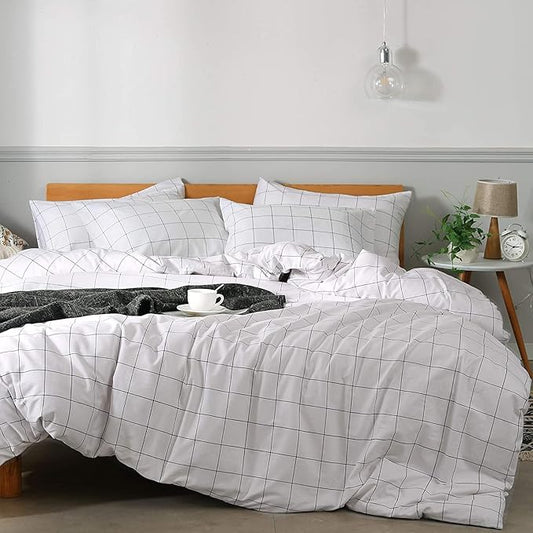 JELLYMONI 100% Natural Cotton 3pcs Plaid Duvet Cover Sets,White with Black Grid Geometric Pattern Printed Comforter Cover,with Zipper Closure & Corner Ties(Oversized King Size)