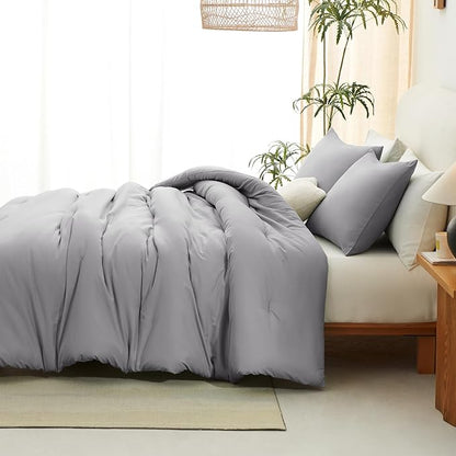 CozyLux King Size Comforter Set Grey, 3 Pieces Solid Comforters King Size Breathable Quilted Bedding Sets, Gray Luxury Soft Lightweight Bed Set with Down Alternative Comforter and 2 Pillowcases