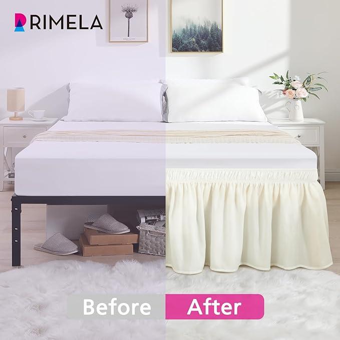 RIMELA Cream Bed Skirt Queen Size 12 Inch Drop, Wrap Around Elastic Adjustable Bedskirt, Bed skirting Dust Ruffle for Bed Frame & Box Spring Soft Durable Fabric Machine Washable Easy to Install