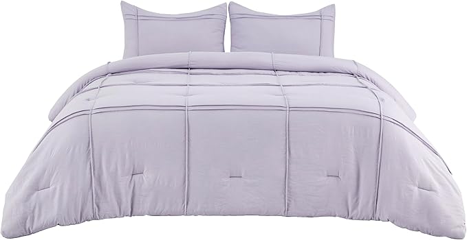 Bedsure Queen Comforter Set with Sheet - 4 Pieces Soft Lavender Purple Bedding, Grid Pinch Pleat, All Season Lightweight Fluffy Bed Set with Solid Boho Comforter, Pillowcases & Sheet