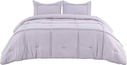 Bedsure Queen Comforter Set with Sheet - 4 Pieces Soft Lavender Purple Bedding, Grid Pinch Pleat, All Season Lightweight Fluffy Bed Set with Solid Boho Comforter, Pillowcases & Sheet