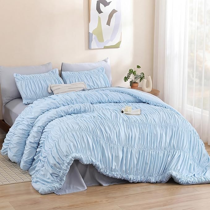 weigelia Cinched Comforter Set Full – Soft Ruched Bedding Set, 3PCS Light Blue All-Season Fluffy Lightweight Comforter with Pillowcases for Bedroom, Apartment & Dorm Decor