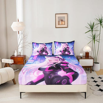 Erosebridal Full Anime Girl Bed Sheets 3 Piece, Kawaii Japanese Anime Bedding Set Cartoon Girl Fitted Sheet Sci Fi Style Japanese Animation Sheets for Kids Girls Teens Adult Room