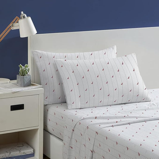 Nautica- Queen Size Sheet Set, Crisp & Tailored Cooling Sheets with a Smooth Cotton Percale Lightweight Feel - Bed Sheets with Matching Pillowcases & Fitted Sheet (Audley Stripe Red)