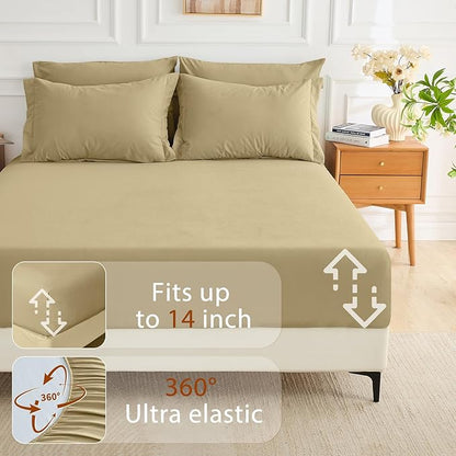 MUXHOMO 7 Pieces Queen Comforter Set, Soft Bed in a Bag Queen Size, All Season Bedding Set with Comforter, Flat Sheet, Fitted Sheet, Pillowcases & Shams, Khaki