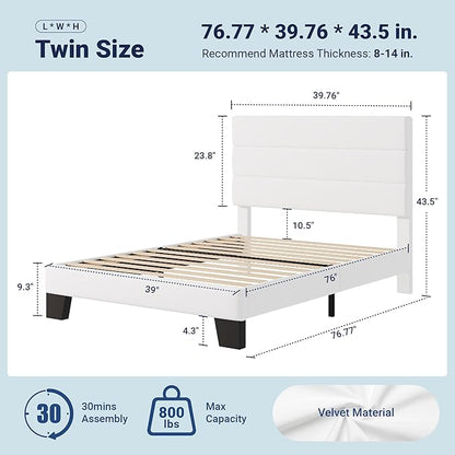 Allewie Twin Size Platform Bed Frame with Velvet Upholstered Headboard | Wooden Slats Support, Fully Upholstered Mattress Foundation, No Box Spring Needed, Easy Assembly, Noise-Free, White