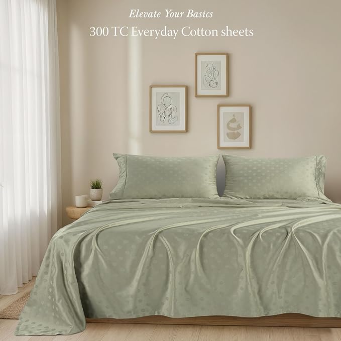Threadmill Cotton Twin XL Sheet Set | 100% Cotton Sheets for Twin XL Size Bed | Damask Jacquard Sateen Twin XL Bed Sheets Set with 16” Deep Pocket | Soft Breathable 3 pc Cooling Sheet Set | Sage Green