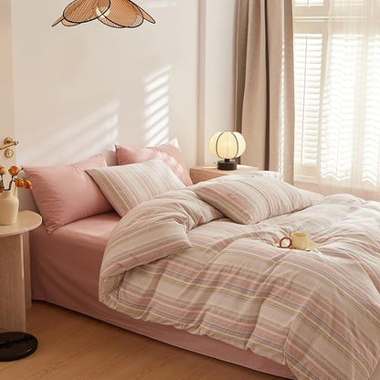 EAVD Striped Comforter Set Full Multi-Color Striped Bedding Comforter Set 3 Pieces Farmhouse Geometric Bedding Set with 2 Pillowcases for All-Season Soft Fluffy Lightweight