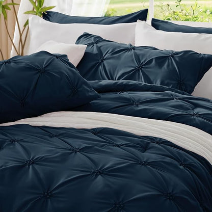 BEDELITE Navy Queen Comforter Set - 3 Pieces Boho Pintuck Bedding Comforter Sets, Lightweight Soft & Warm Bed Comforter Queen with 2 Pillowcases for All Season