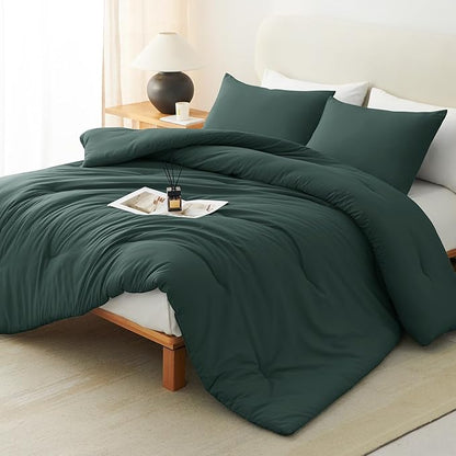 CozyLux California King Comforter Set Forest Green, 3 Pieces Cal King Solid Breathable Bedding Sets All Seasons, Luxury Soft Lightweight Bed Set with Down Alternative Comforter and 2 Pillowcases
