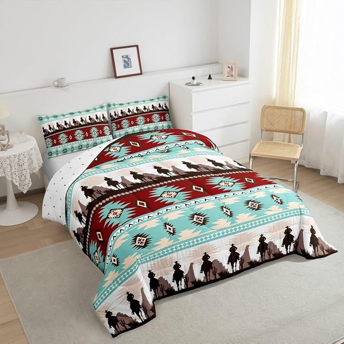 Feelyou Boho Comforter Set Full Size Horses Comforter Southwestern Native Aztec Bedding Set Farmhouse Wildlife Duvet Set Room Decor Light Blue Quilt Set